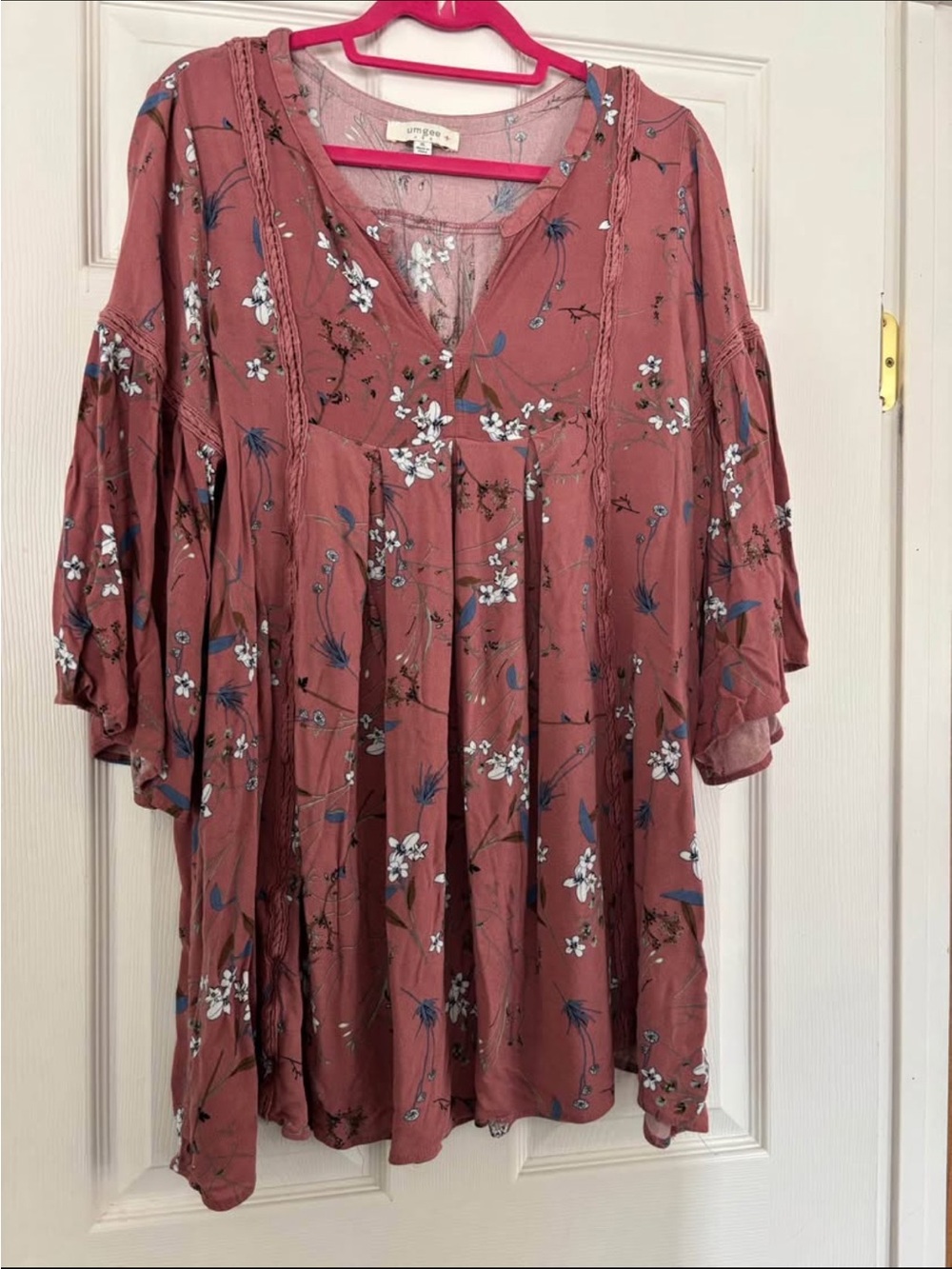 Umgee Dusty Rose Floral V-Neck Babydoll Tunic